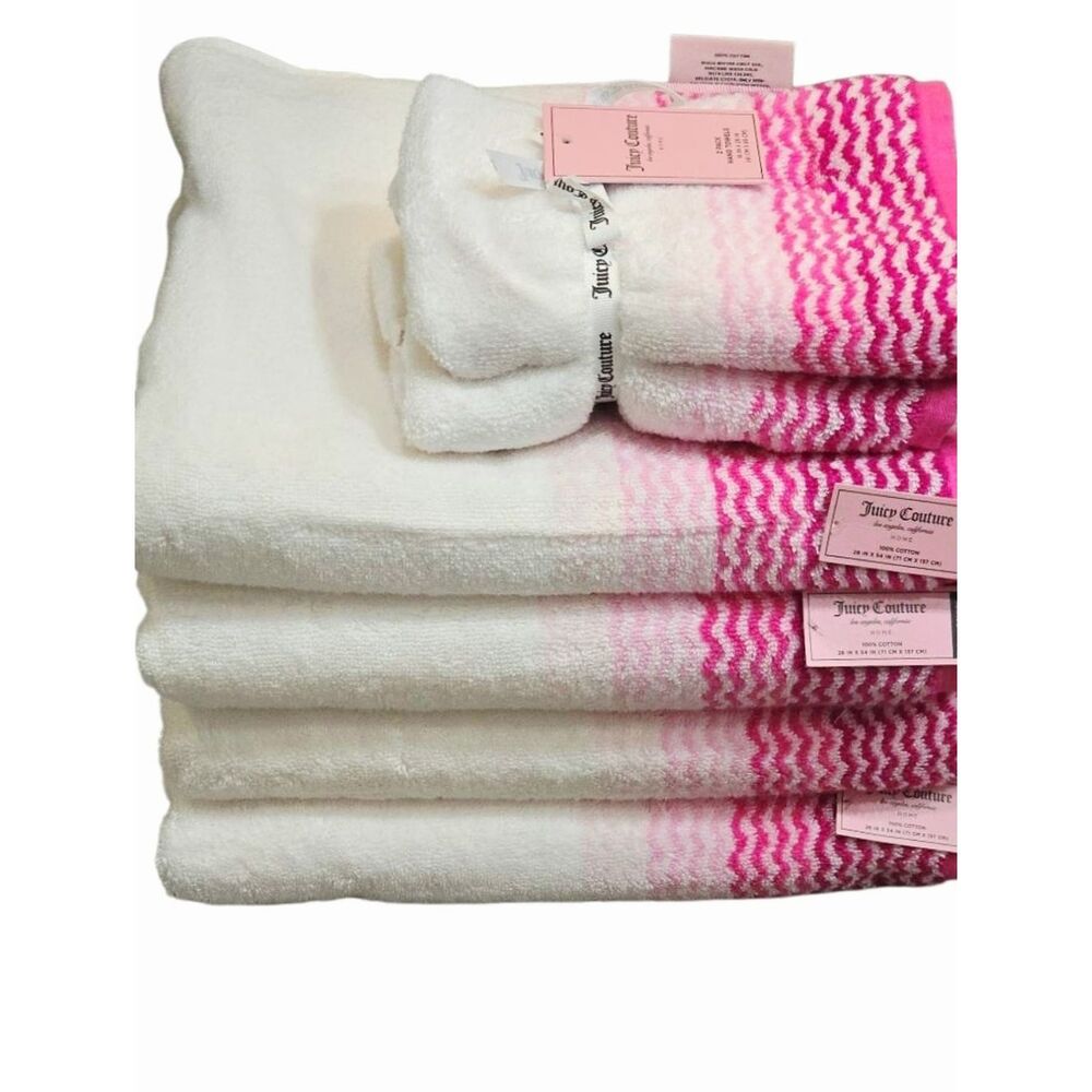 Juicy Couture Home Wavy Stripes Embrodried Plush Oversized Bath & Hand Towel Set